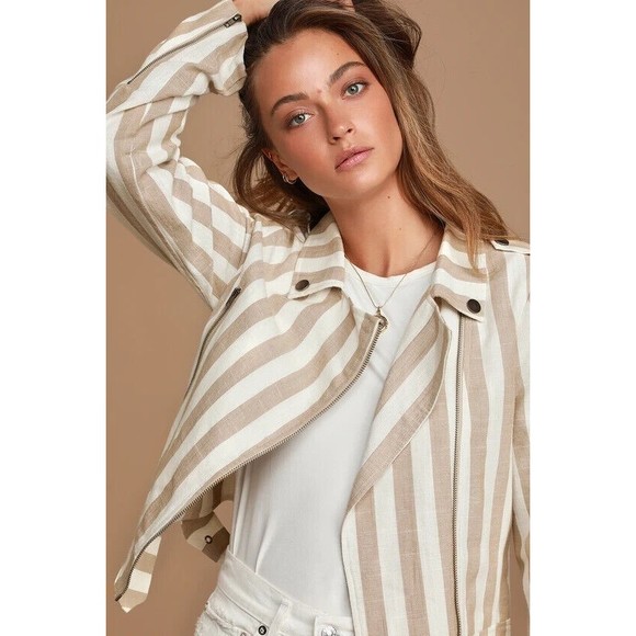 Lulu’s Vacation Signature Taupe and Ivory Striped Belted Moto Jacket Large NEW - Picture 13 of 14